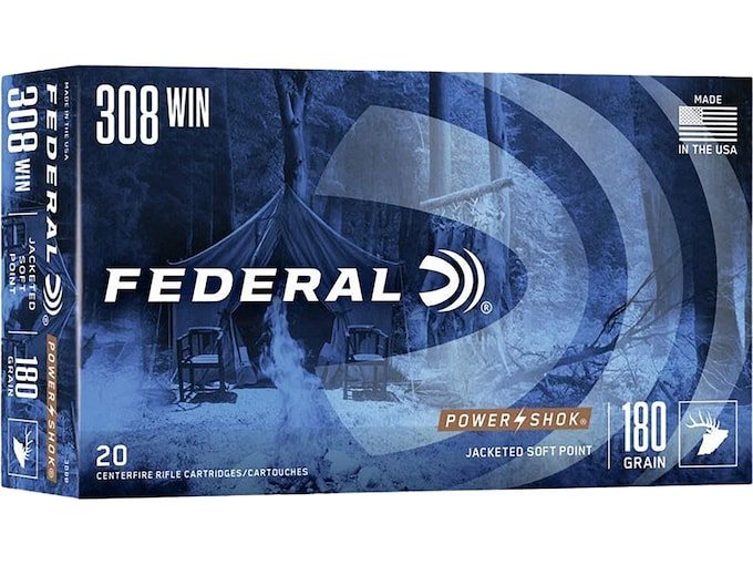 Federal Power-Shok 308 Winchester Ammo 180 Grain Jacketed Soft Point Box of 500