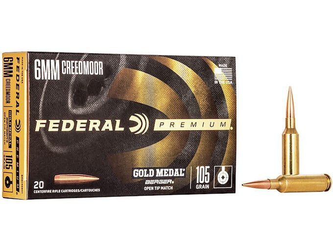 Federal Premium Gold Medal 6mm Creedmoor Ammo 105 Grain Berger Hybrid Target Jacketed Hollow Point Box of 500