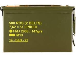 Sellier & Bellot M80 Ball Linked 7.62x51mm NATO Ammo 147 Grain Full Metal Jacket Ammo Can of 500