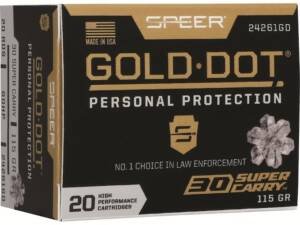 Speer Gold Dot 30 Super Carry Ammo 115 Grain Bonded Jacketed Hollow Point Box of 500
